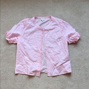 J. Crew Factory Pink Ruffle Cotton/Linen Blend Button Down Blouse
